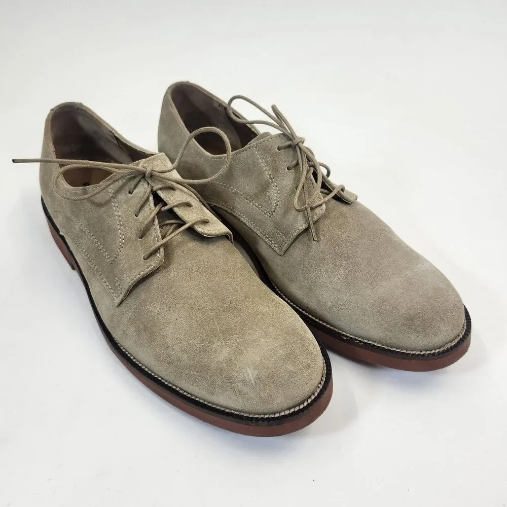 Bostonian Mens 10M Beige Suede Derby Shoes Plain Toe Leather LaceUp Oxford Dress